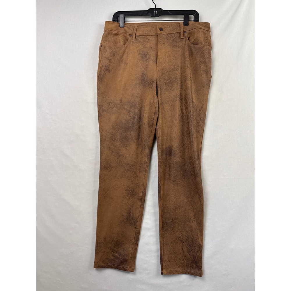 Chico's Faux Leather Pants Women 12R 2R Brown Distressed Straight Leg Stretch